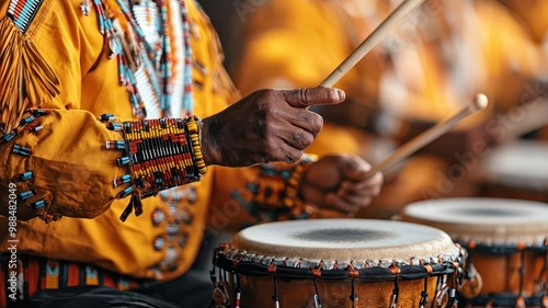 Powwow drummers creating rhythmic beats, celebration of music and community during Heritage Month