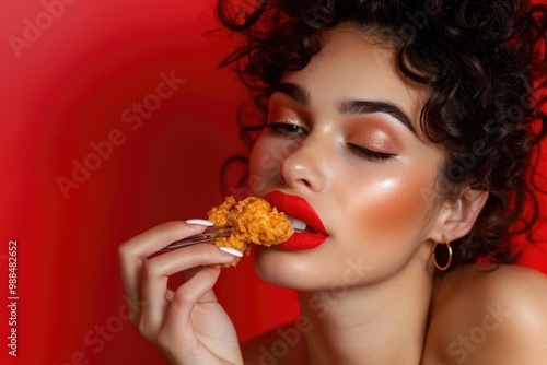 A person enjoying a snack of fried chicken