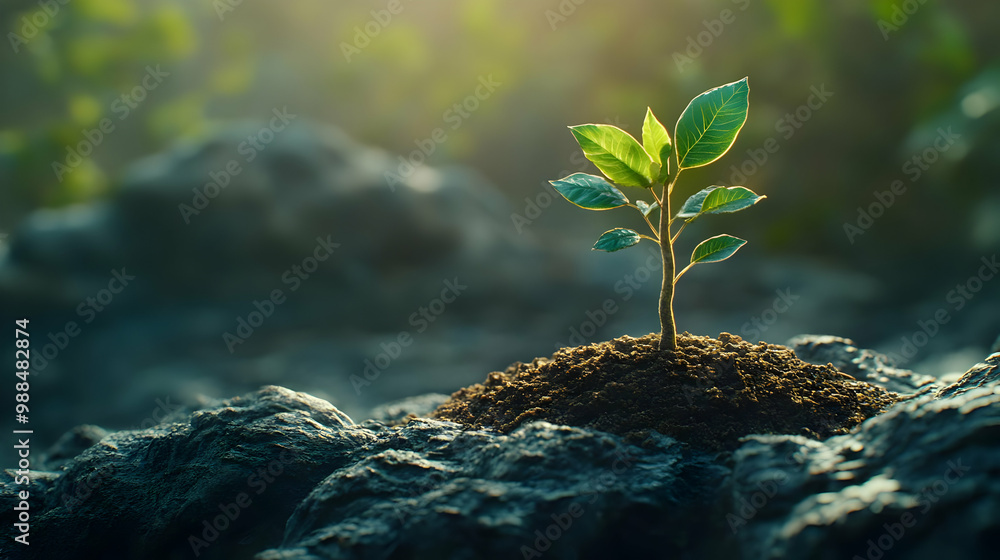 A young green plant sprouting from rich soil with a soft focus background. A young green plant sprouting from rich soil with a soft focus background.