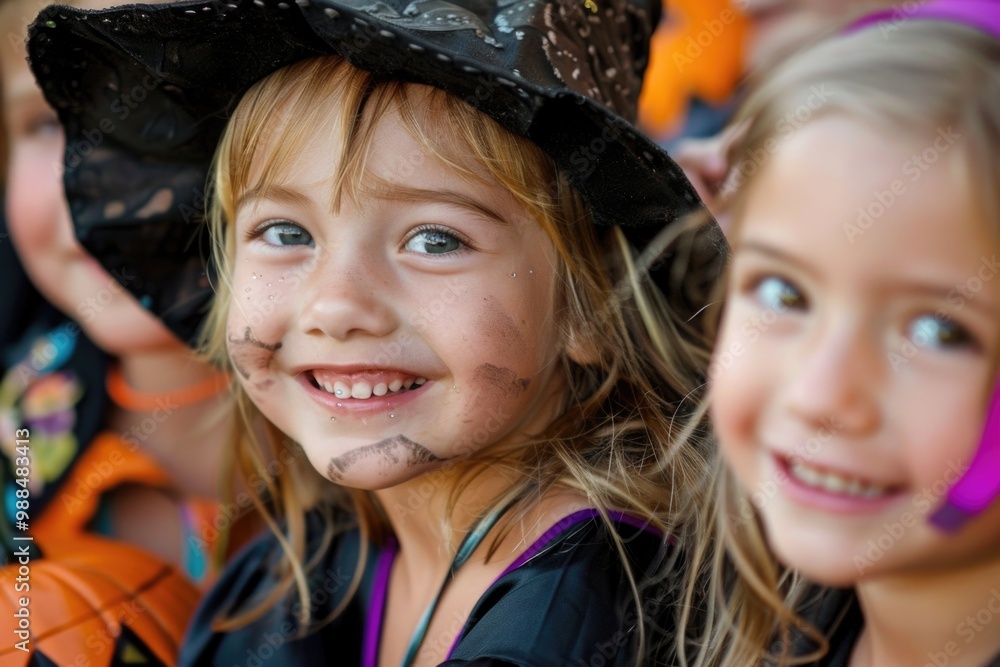 Two young girls in Halloween costumes, fun and playful Two young girls in Halloween costumes, fun and playful