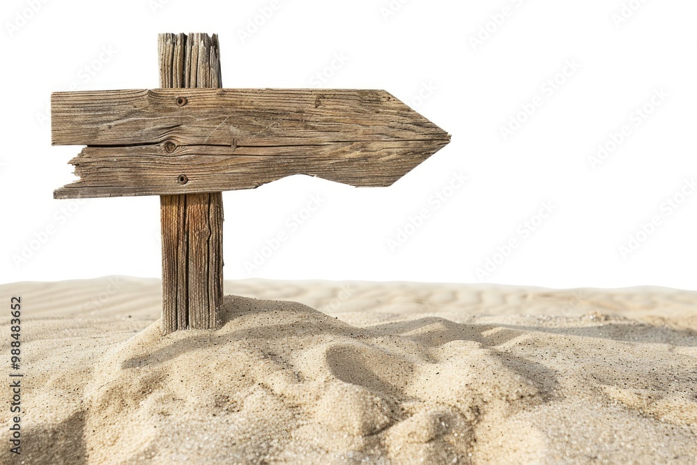 A wooden sign stands out against the white sandy beach, perfect for a coastal or outdoor-themed project A wooden sign stands out against the white sandy beach, perfect for a coastal or outdoor-themed project