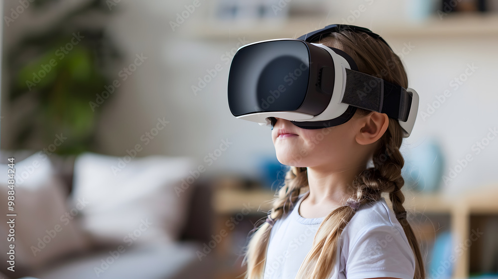 A small child girl or boy wearing virtual glasses plays virtual games. AI Generated A small child girl or boy wearing virtual glasses plays virtual games. AI Generated