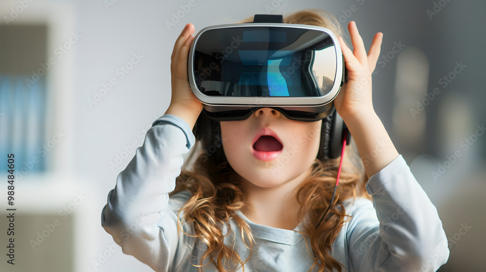 A small child girl or boy wearing virtual glasses plays virtual games. AI Generated A small child girl or boy wearing virtual glasses plays virtual games. AI Generated