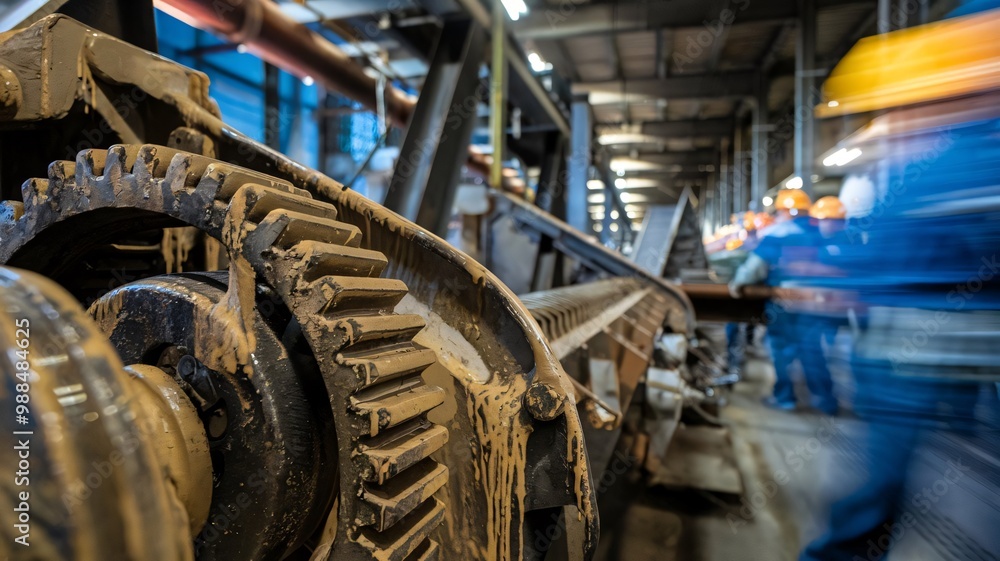 A close-up of heavy-duty equipment, such as gears and conveyor belts, covered in grease and wear, symbolizing the hard work and durability required in industrial settings A close-up of heavy-duty equipment, such as gears and conveyor belts, covered in grease and wear, symbolizing the hard work and durability required in industrial settings