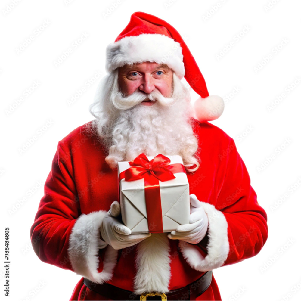 Santa Claus in hat standing with hands on gift on transparent background
Santa Claus in hat standing with hands on gift on transparent background