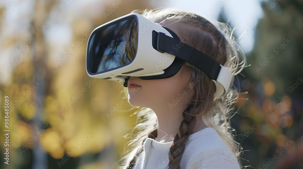 A small child girl or boy wearing virtual glasses plays virtual games. AI Generated A small child girl or boy wearing virtual glasses plays virtual games. AI Generated