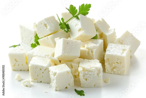 A collection of cheese cubes garnished with fresh parsley, ideal for food photography or culinary concepts