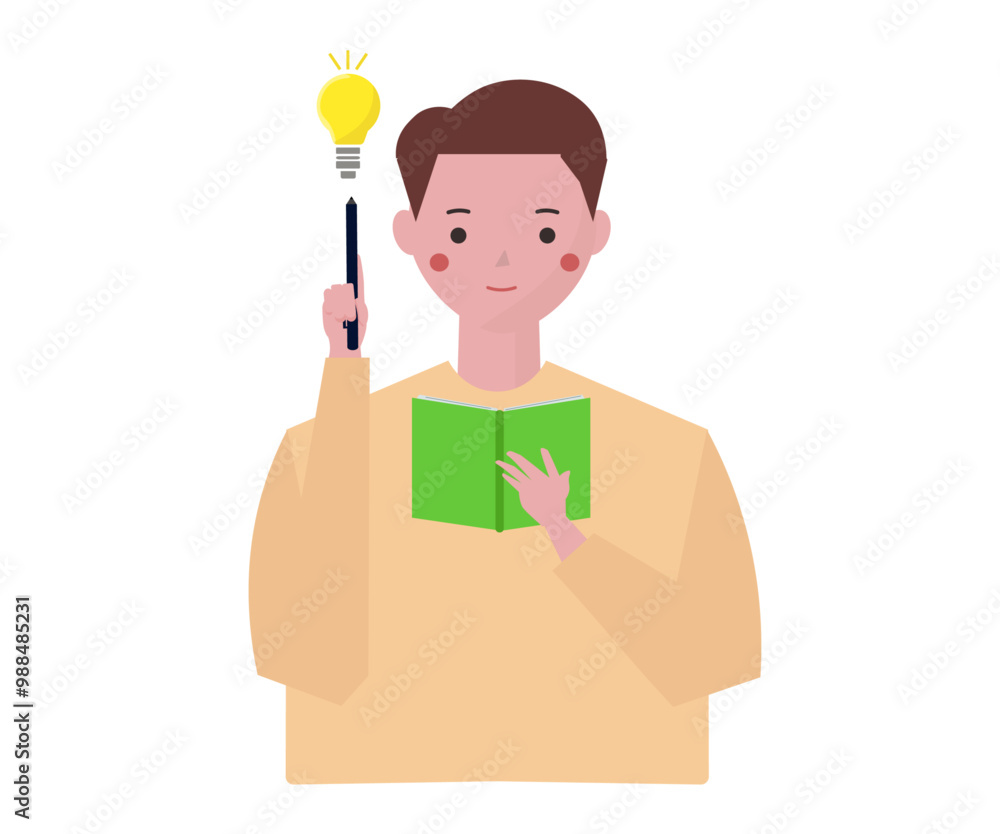 アイデアを思い付いてメモをする男性。ベクターイラスト