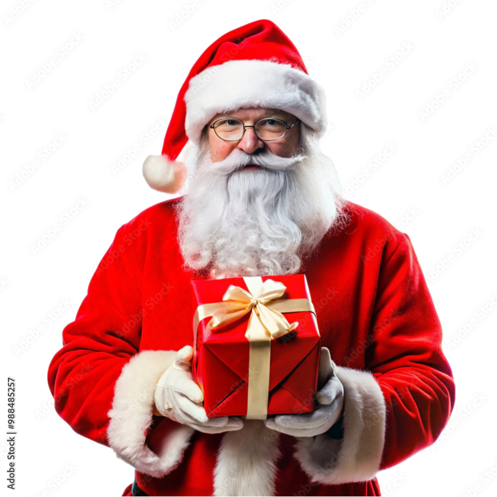 Santa Claus in hat standing with hands on gift on transparent background
Santa Claus in hat standing with hands on gift on transparent background