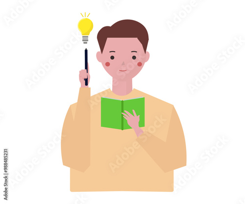 アイデアを思い付いてメモをする男性。ベクターイラスト