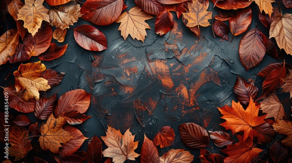Fototapeta premium Autumn leaf frame isolated on wooden background. Space for text