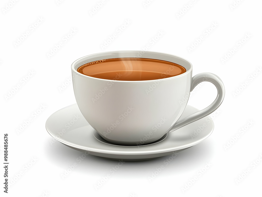 Obraz premium A white porcelain cup filled with hot tea on a saucer, isolated on a white background.