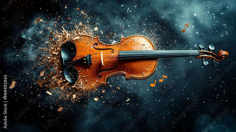 Fototapeta premium Explosive violin breaking apart, dynamic composition against a smoky background.