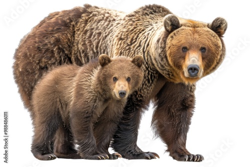 A mother bear and her two cubs in the forest, great for wildlife or nature themes