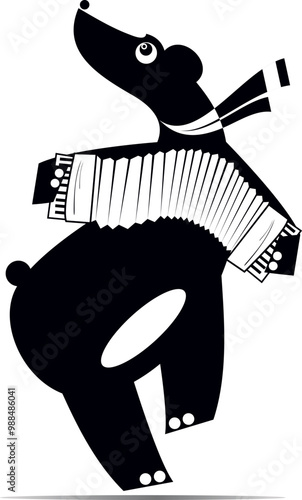 Cute bear playing accordion and singing. 
Cartoon bear performing music on the accordion with inspiration. Black and white illustration
