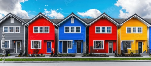 Colorful Modern Row Houses with Blue Sky and Clouds in Suburban Neighborhood