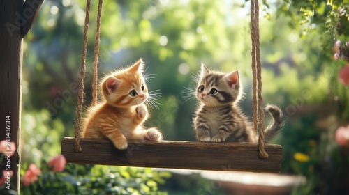 Two playful kittens on a wooden swing in a lush garden filled with blooming flowers under warm sunlight photo