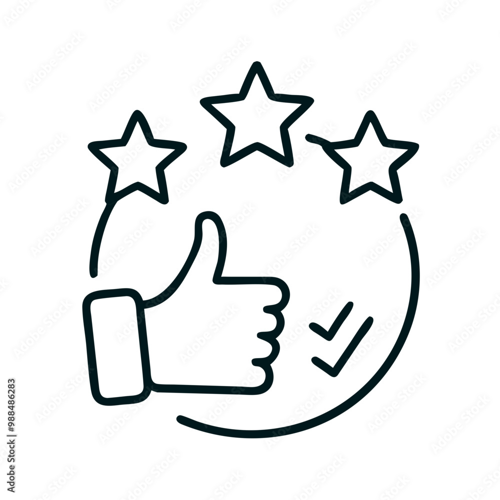 Customer satisfaction metrics icon featuring a thumbs up and rating stars Customer satisfaction metrics icon featuring a thumbs up and rating stars
