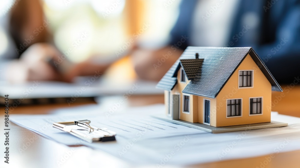 House Model on a Table with Papers and Blurred People in Background House Model on a Table with Papers and Blurred People in Background