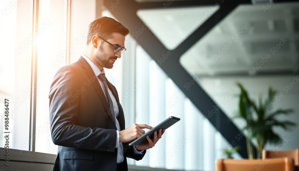 Professional man using tablet in modern office with stylish interior. Professional man using tablet in modern office with stylish interior.