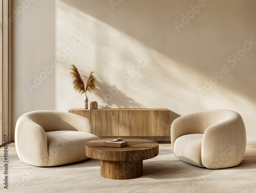 A living room interior with an elegant curved sofa, armchair, and coffee table arranged in front of the wall. photo