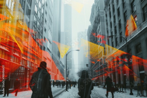 Two people walking down a city street with buildings in the background photo