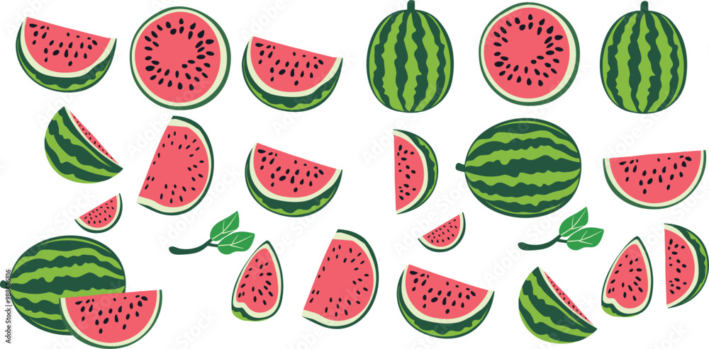 Watermelon Icons Collection. Vector Cartoon Collection of Ripe Fruit, Slices, Halves and Whole Watermelons, Flat Design Watermelon Icons Collection. Vector Cartoon Collection of Ripe Fruit, Slices, Halves and Whole Watermelons, Flat Design