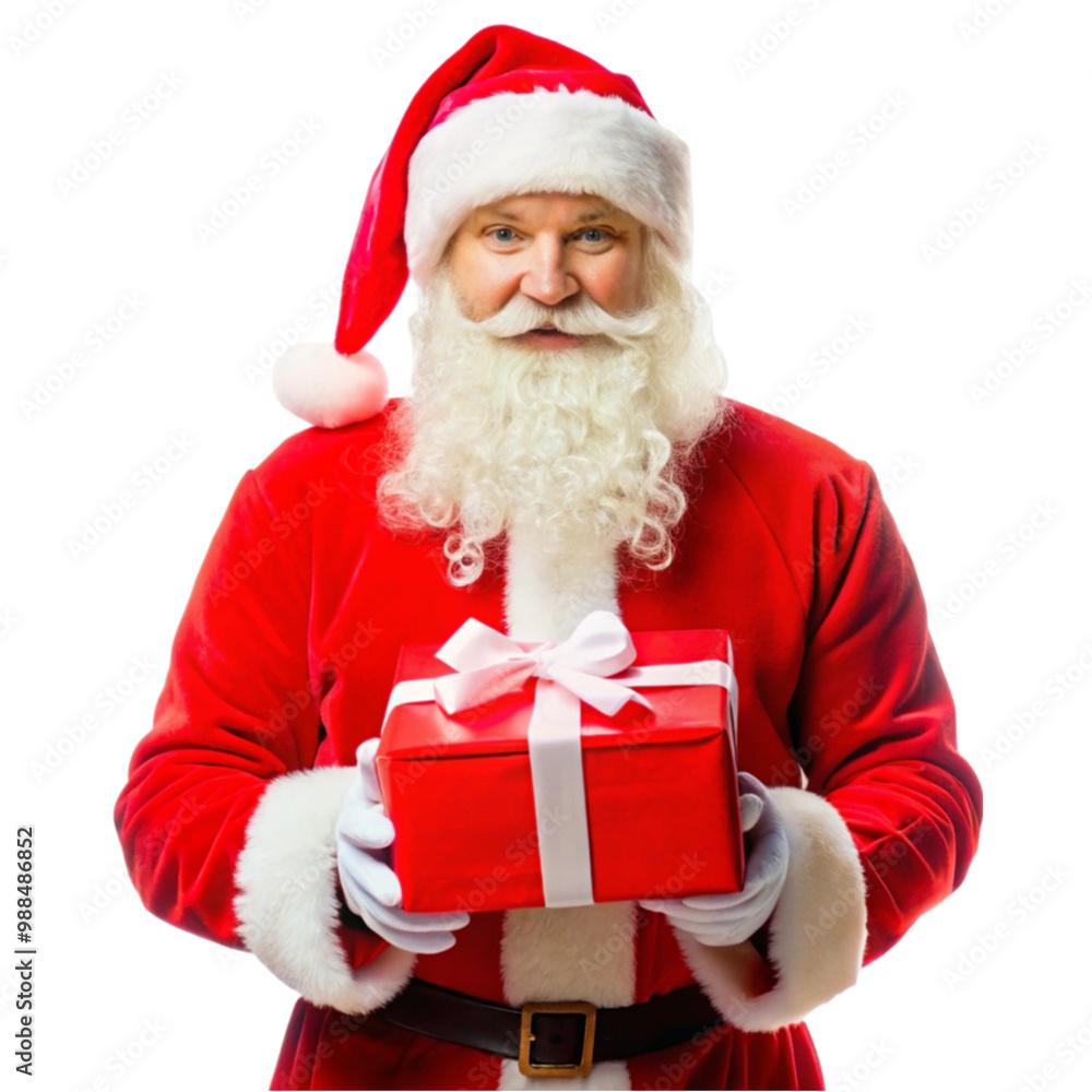 Santa Claus in hat standing with hands on gift on transparent background
Santa Claus in hat standing with hands on gift on transparent background