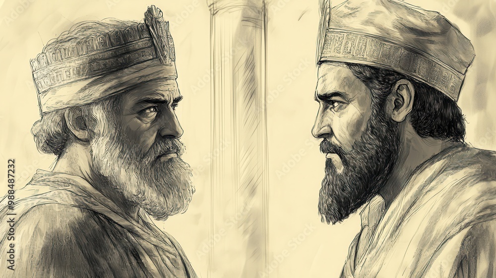 Fototapeta premium The Burden of Leadership: Mordecai and Esther Meet in the Palace, Reflecting Mutual Respect and Shared Responsibility for Their People - Biblical Illustration