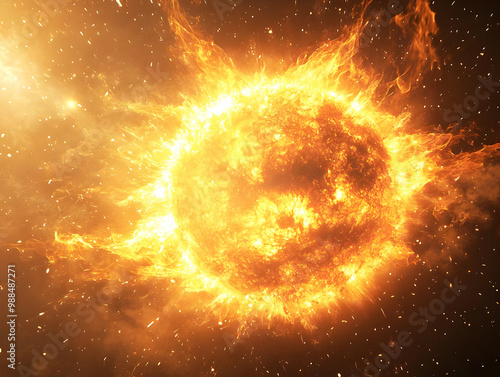 Bright and fiery sun in the cosmos, surrounded by glowing particles and stars, symbolizing energy and warmth.