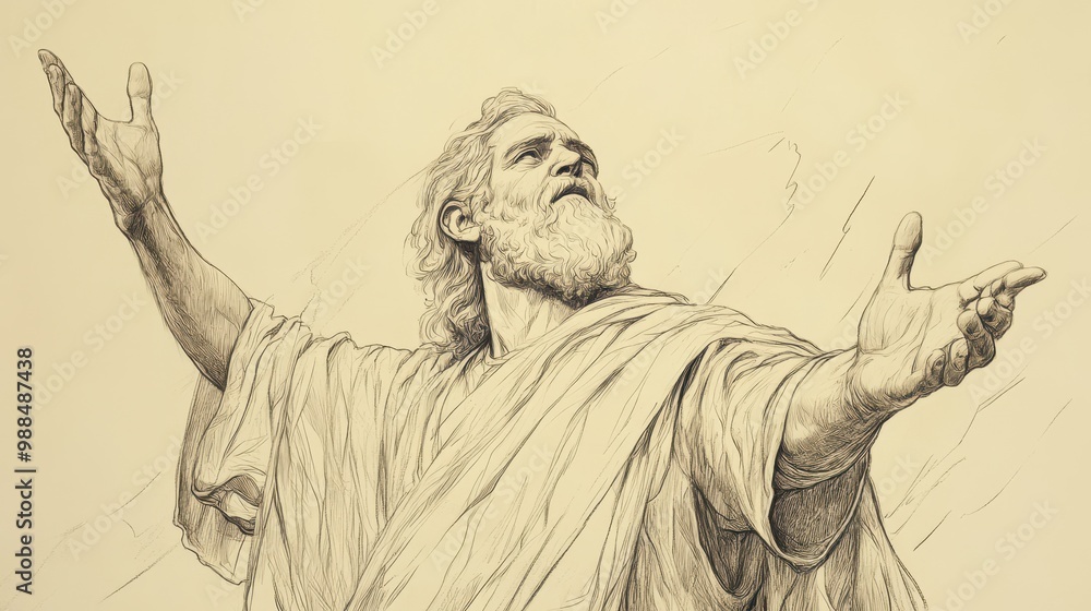 Fototapeta premium Outstretched Hands: A Biblical Illustration of Haggai Praying to the Heavens, Calling for God’s Blessing on the People as They Work to Complete the Temple