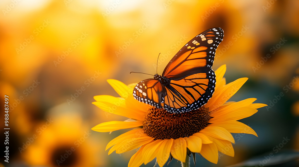 A beautiful monarch butterfly perched on a vibrant sunflower in a sunlit field, showcasing nature's harmony. A beautiful monarch butterfly perched on a vibrant sunflower in a sunlit field, showcasing nature's harmony.