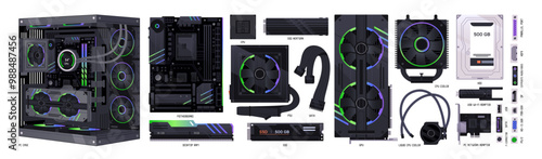 Set of desktop computer hardware components. PC equipments, drives. Different usb, audio, video ports, hdd, ssd cards, motherboard, cpu cooler. Flat isolated vector illustrations on white background