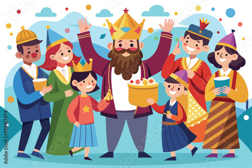 People happily celebrate Purim Day wearing costumes, sharing treats, and reveling in a vibrant community atmosphere filled with joy.