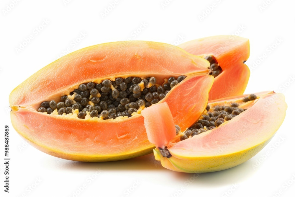 Fresh papaya cut in half, showing seeds and flesh Fresh papaya cut in half, showing seeds and flesh