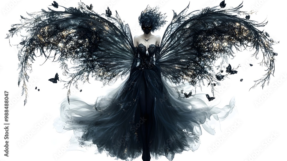 Obraz premium Gothic-style dark fairy with Halloween masks, ethereal wings, and magical aura, digital illustration, isolated on white background