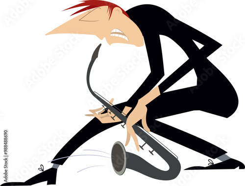 Cartoon saxophonist Musician plays saxophone. Saxophonist plays music with the great inspiration. Isolated on white background