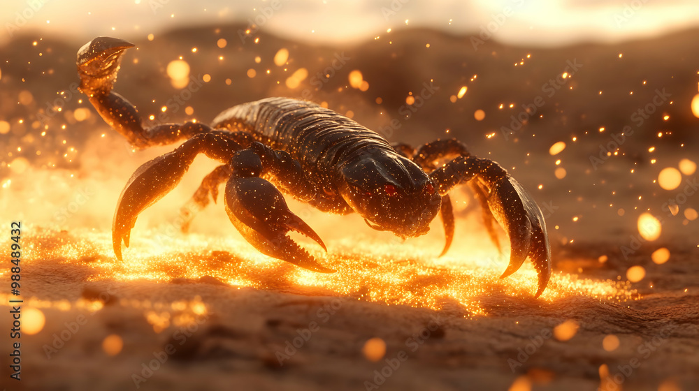 Fototapeta premium A scorpion walking on a sandy surface with glowing embers and a vibrant sunset atmosphere.