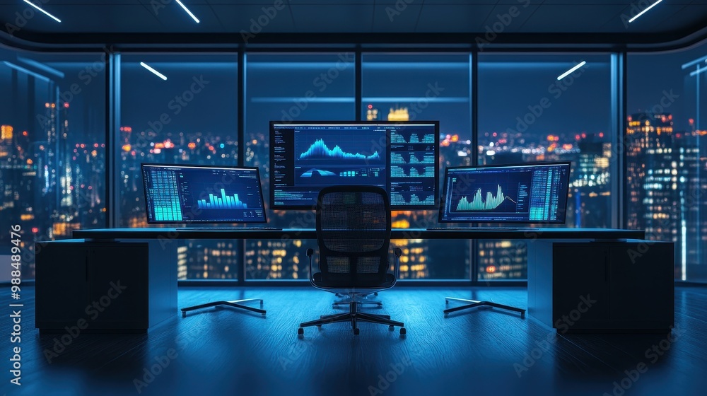 Futuristic Night Trading Desk with City Skyline Futuristic Night Trading Desk with City Skyline