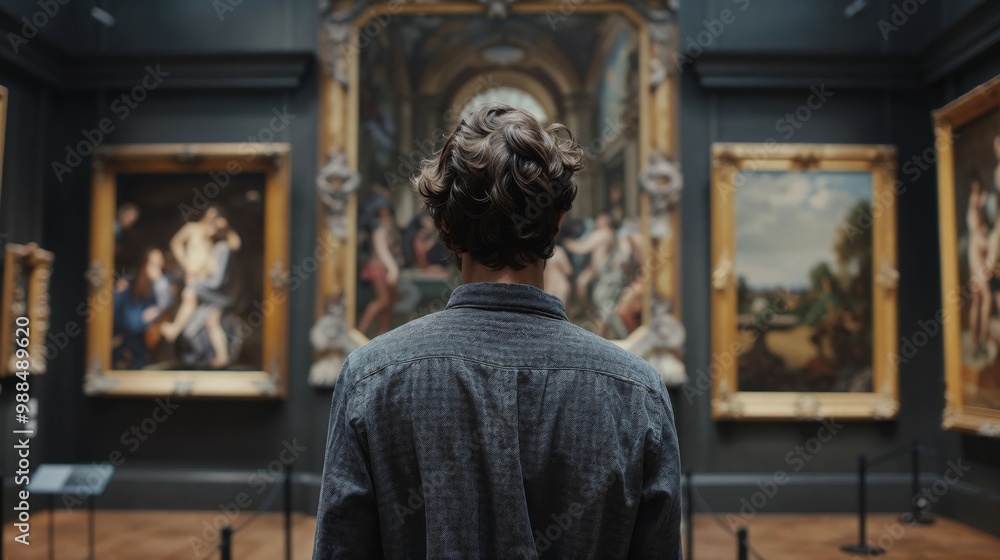 A man is intently looking at a beautiful painting in a museum setting A man is intently looking at a beautiful painting in a museum setting