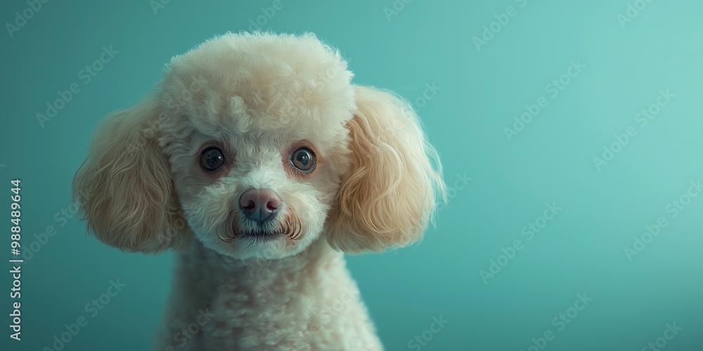 A close-up portrait photo of a cute poodle dog looking at the camera, isolated against a colourful background. A close-up portrait photo of a cute poodle dog looking at the camera, isolated against a colourful background.