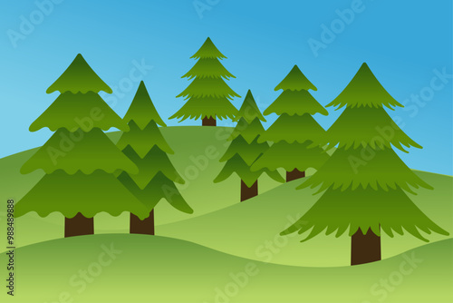 Green Pine Trees on Green Hill with Blue Background