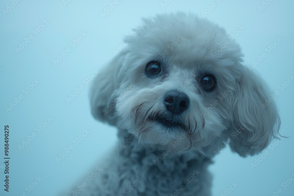 A close-up portrait photo of a cute poodle dog looking at the camera, isolated against a colourful background. A close-up portrait photo of a cute poodle dog looking at the camera, isolated against a colourful background.