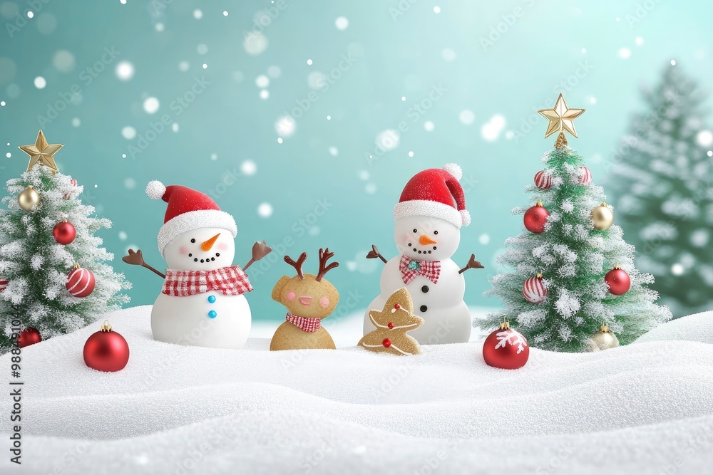 Santa claus, Snowman, gingerbread cookie and reindeer are playing with snow celebrate new year party with Christmas tree, Merry Christmas and happy new year with generative ai Santa claus, Snowman, gingerbread cookie and reindeer are playing with snow celebrate new year party with Christmas tree, Merry Christmas and happy new year with generative ai