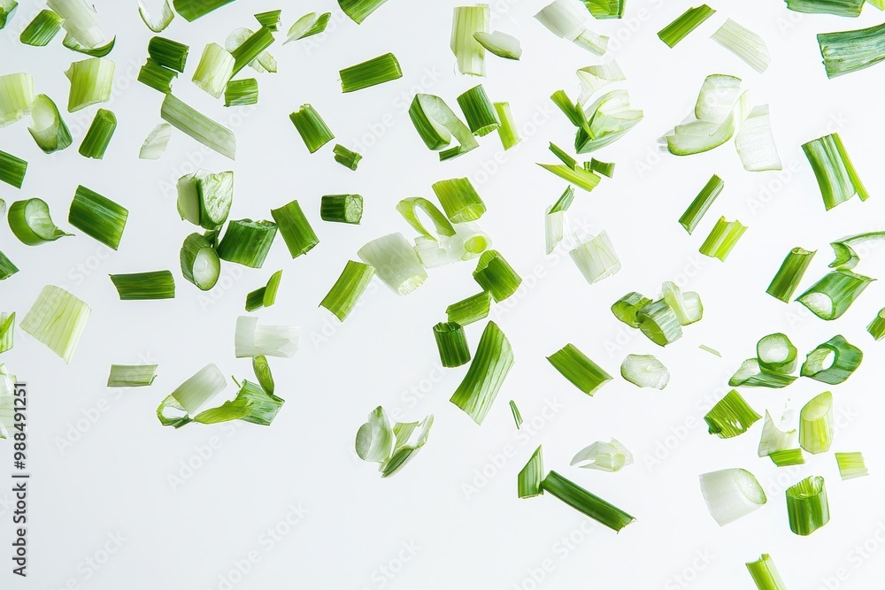 Chopped spring onions suspended in midair against a white background. Fresh green vegetable for cooking concepts. Chopped spring onions suspended in midair against a white background. Fresh green vegetable for cooking concepts.