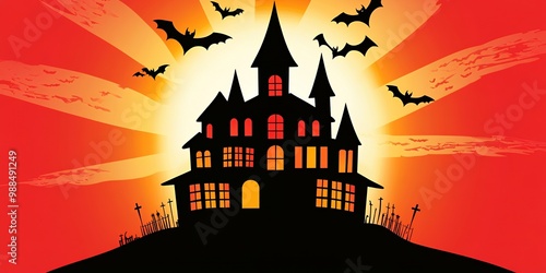 Silhouette of a spooky haunted house with bats flying overhead. photo