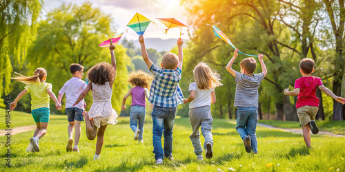 Fototapeta Naklejka Na Ścianę i Meble -  Rearview of happy joyful diverse boys and girls, kids playing outdoors, running and flying kite in the sunny spring or summer grass park. Leisure childhood activity, friends enjoy nature meadow field