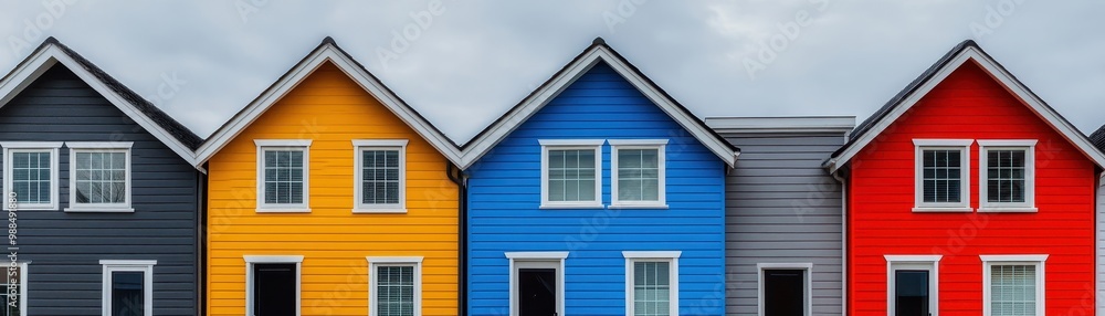 Colorful Row of Modern Houses with Vibrant Facades Under Cloudy Sky Colorful Row of Modern Houses with Vibrant Facades Under Cloudy Sky