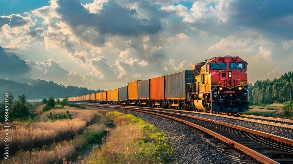 Obraz premium A freight train on a railway track transports containers and tanks with fuel. AI Generated