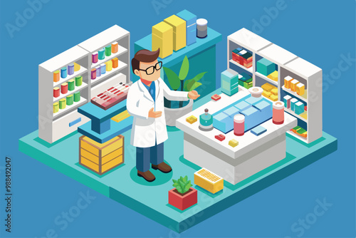 A pharmacist stands at the counter, engaging with customers in a well-organized, modern pharmacy filled with colorful medication and health products.